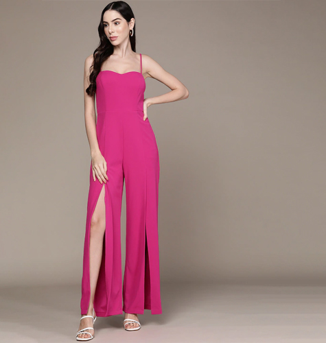 Women Fuchsia Solid Future Glam High Slit Basic Jumpsuit